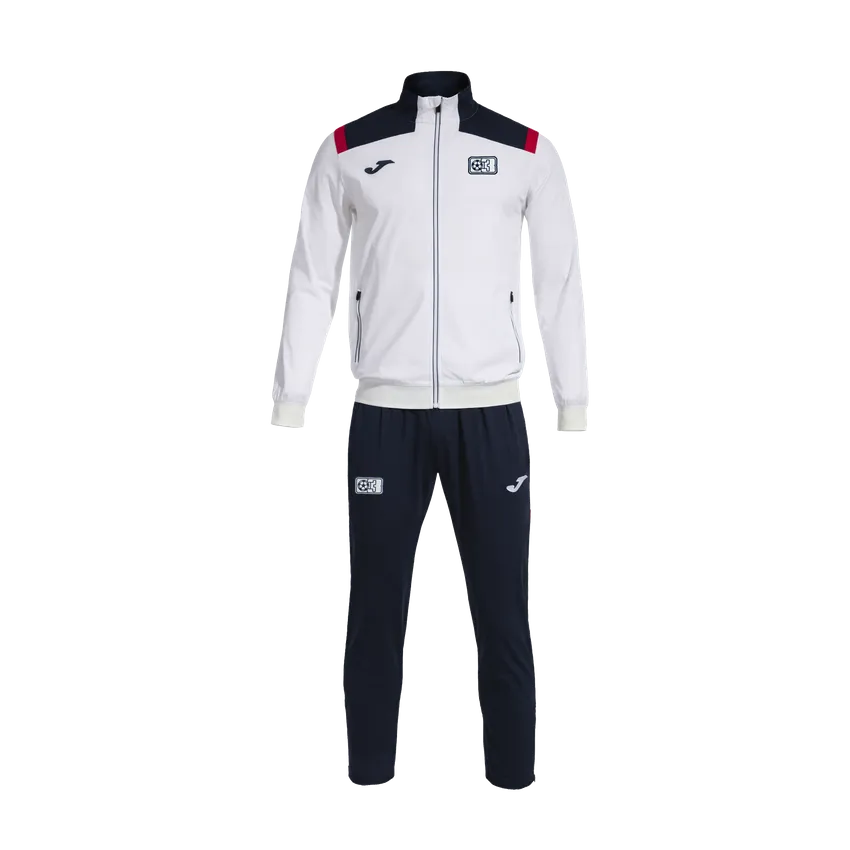 Trainingsanzug Toledo von Joma. Die Hose ist blau, die Jacke weiß. Beide Teile tragen das Logo 