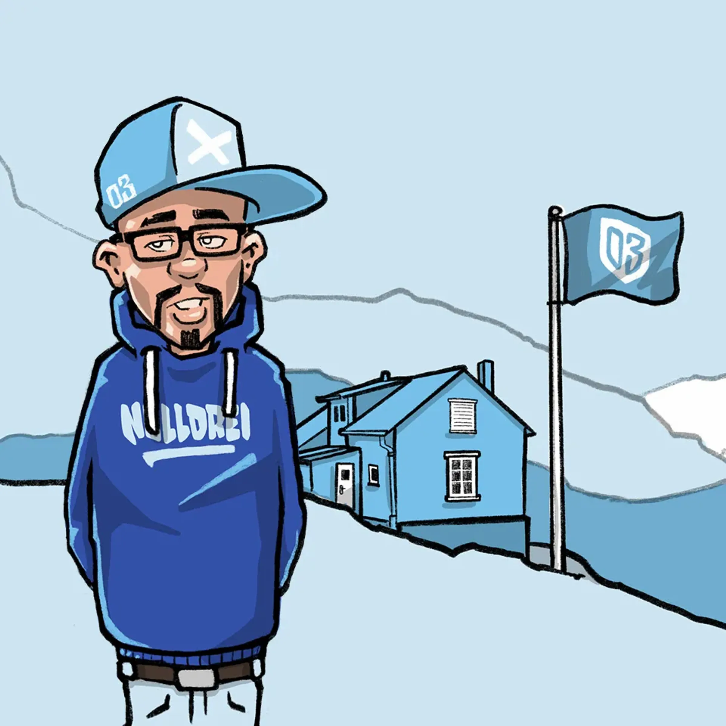 Illustration eines Typen mit Cap und Nulldrei-Hoodie. Im Hintergrund sind Berge zu sehen mit einem Häuschen und einer Babelsberg-Fahne an einem Mast.