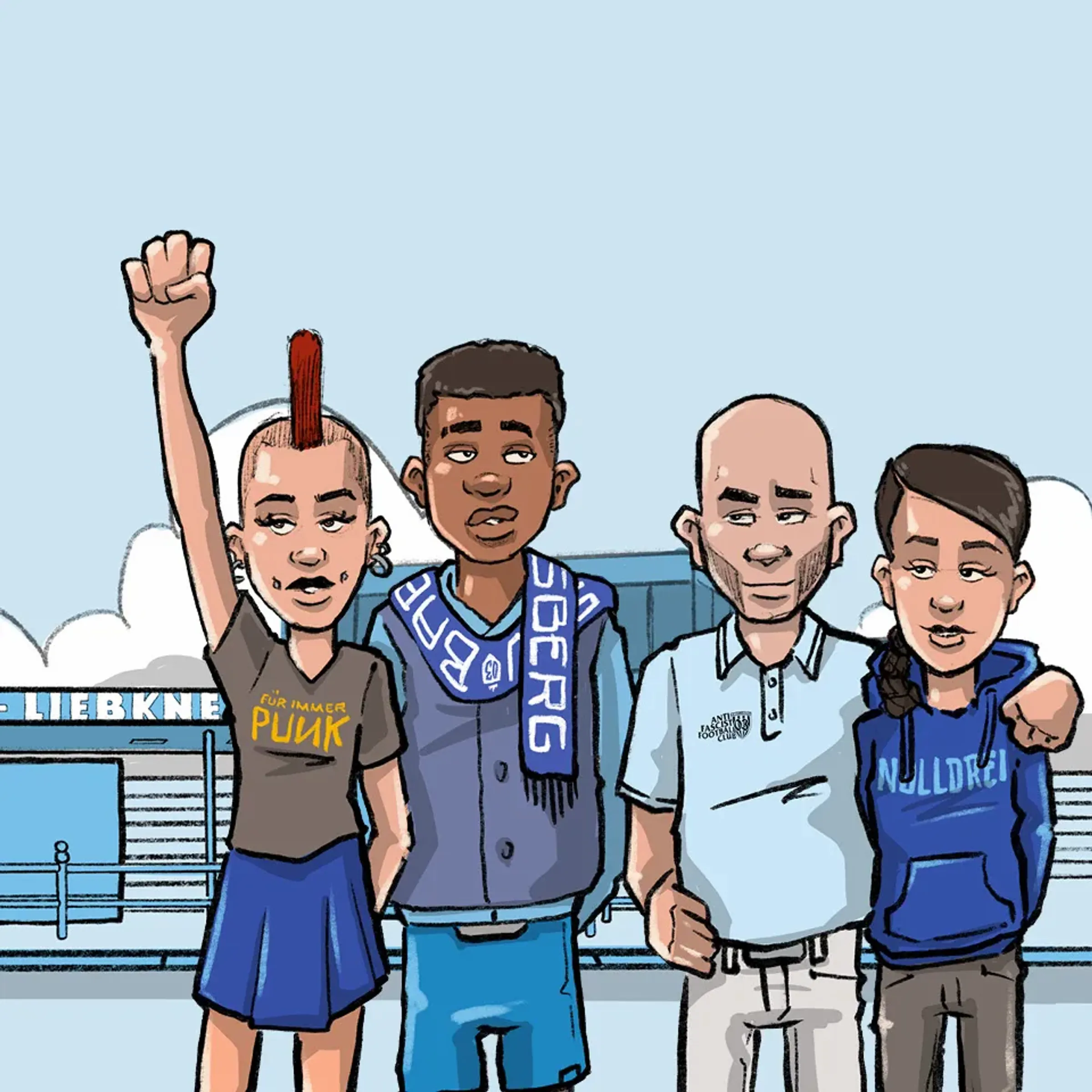 Illustration einer blauweißbunten Gruppe von Nulldrei-Fans vorm KarLi