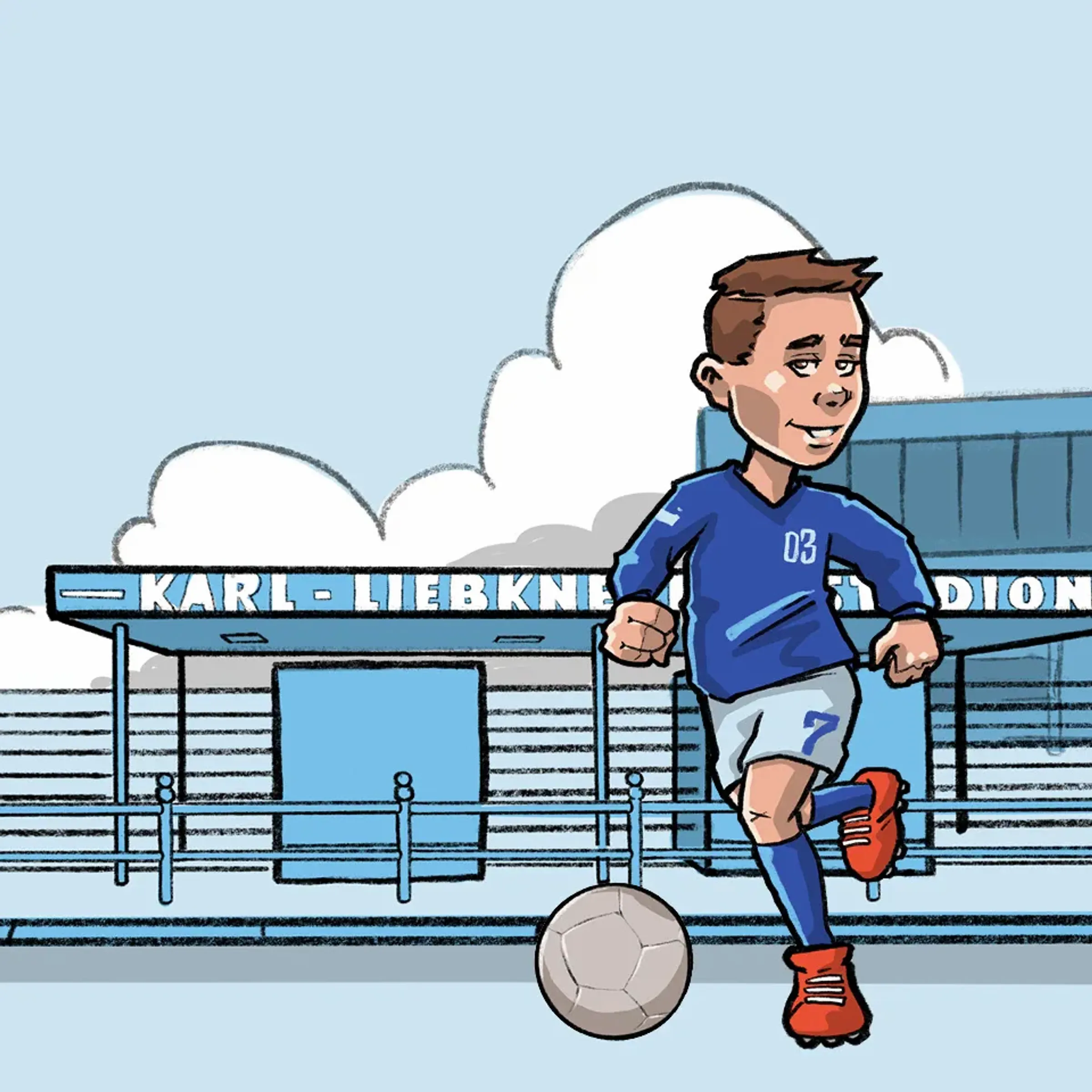 Illustration eines Kinds im Trikot, der vorm KarLi mit einem Fußball spielt