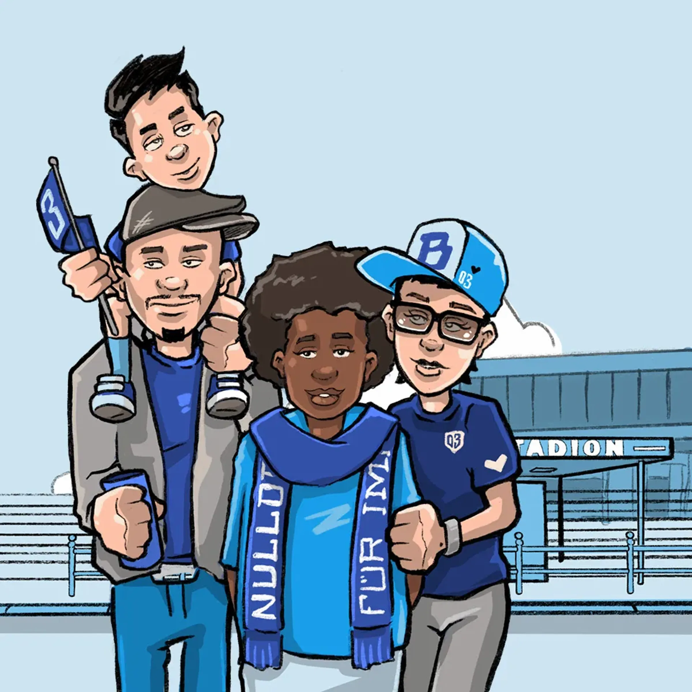 Illustration einer blauweißbunten Familie vorm KarLi